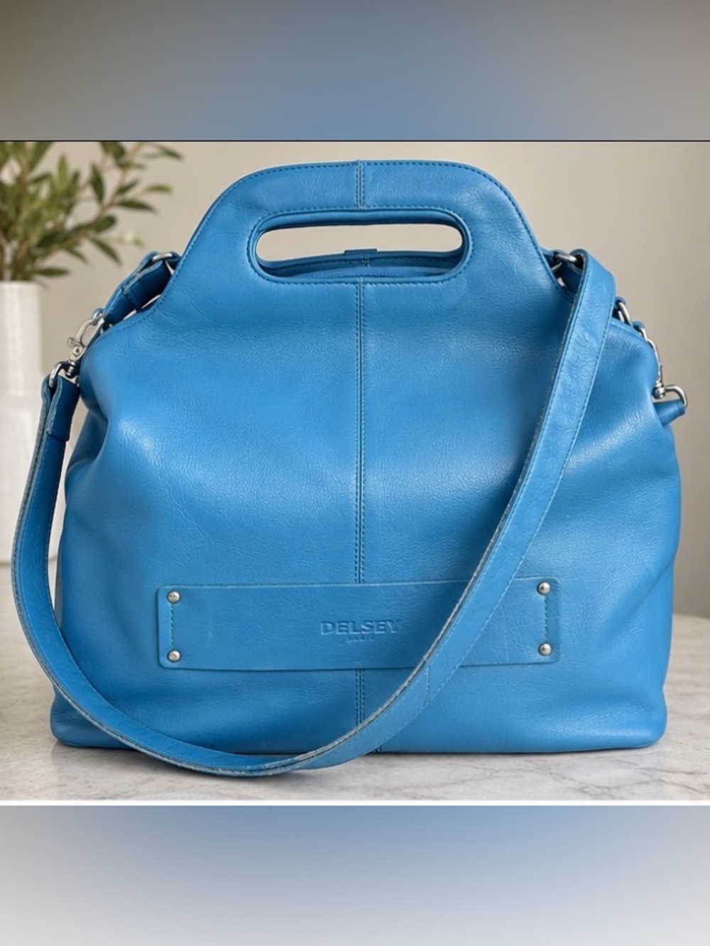 Delsey Paris Women's bright Blue genuine Leather t ravel tote with Shoulder Stra